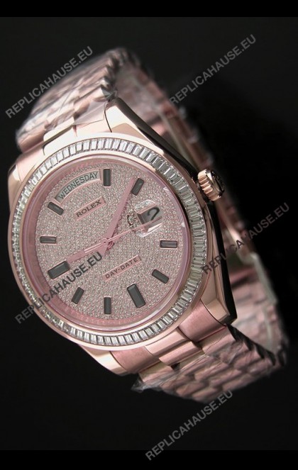 Rolex Day Date Japanese Automatic Rose Gold Watch in Diamond Bezel