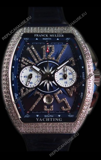 Franck Muller Vanguard Chronograph 904L Steel Blue Dial with Diamonds Swiss Watch 