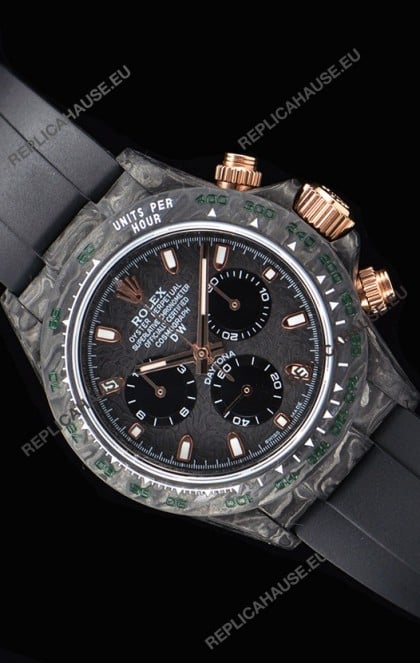 Rolex Daytona DiW Forged Cabon Casing 1:1 Mirror Replica with Black Strap 