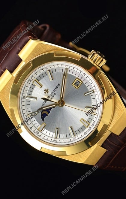 Vacheron Constantin Overseas MoonPhase Yellow Gold Swiss Watch in Brown Strap
