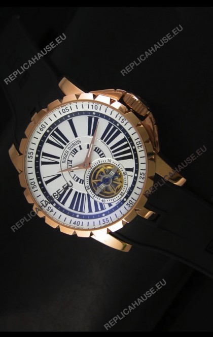 Roger Dubuis Excalibur Tourbillon Watch - Rose Gold Plating White Dial