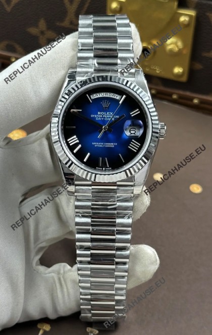 Rolex Day Date 228236 Stainless Steel Blue Ombre Roman Dial Super Clone Watch 