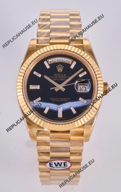 Rolex Day Date Yellow Gold Custom Black Dial 40MM Super Clone Watch 