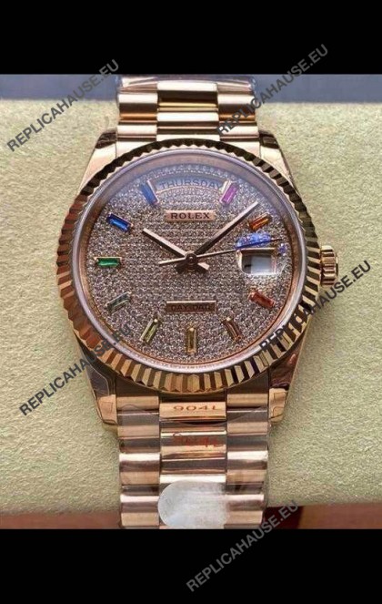 Rolex Day Date 128345RBR Rose Gold Diamonds Dial Super Clone Watch 