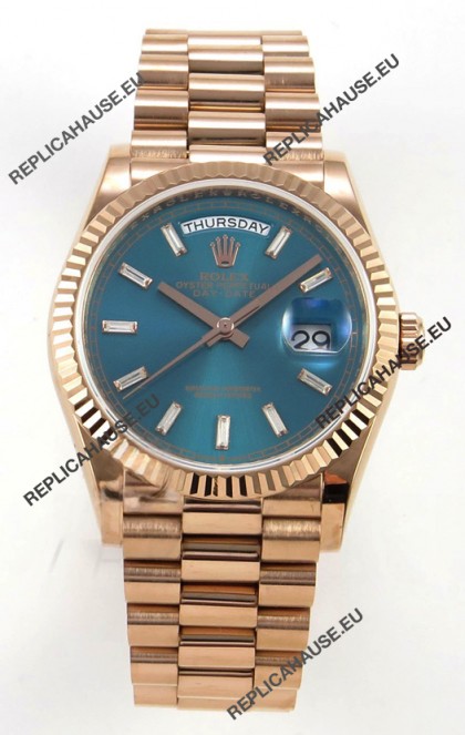 Rolex Day Date 128345 Rose Gold Green Crystal Dial Super Clone Watch 