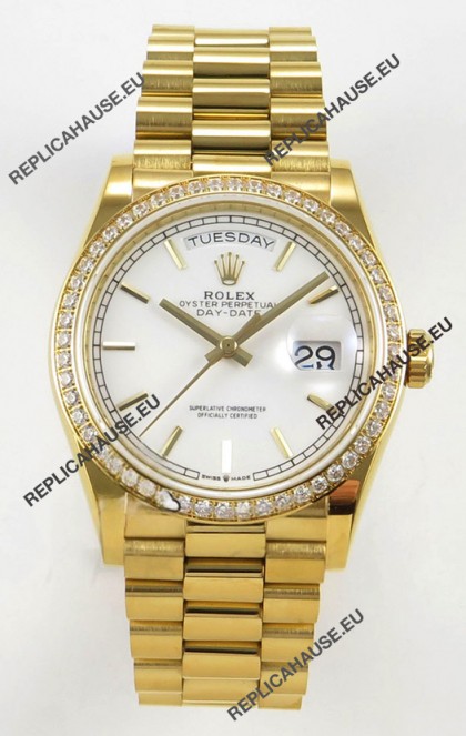 Rolex Day Date 128348 Yellow Gold White Dial Diamonds Bezel Super Clone Watch 