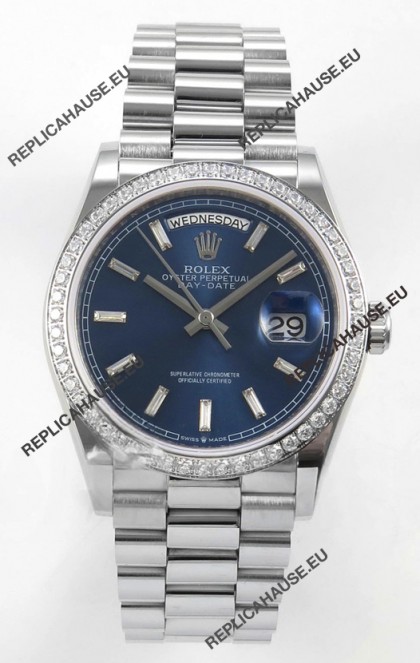 Rolex Day Date 128349 Stainless Steel Blue Crystal Dial Super Clone Watch 