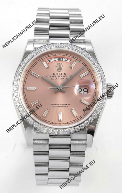 Rolex Day Date 128349 Stainless Steel Pink Crystal Dial Super Clone Watch 
