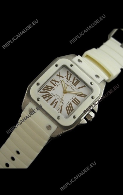 Cartier Santos Swiss Replica Automatic Watch in White Strap