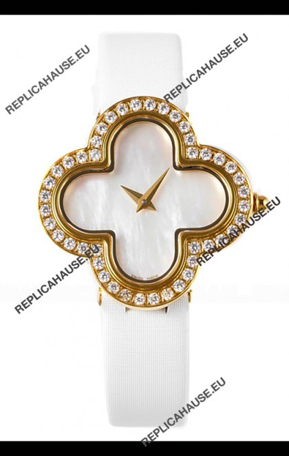 Van Cleef & Arpels Alhambra Yellow Gold Diamonds Bezel Pearl Dial Watch 