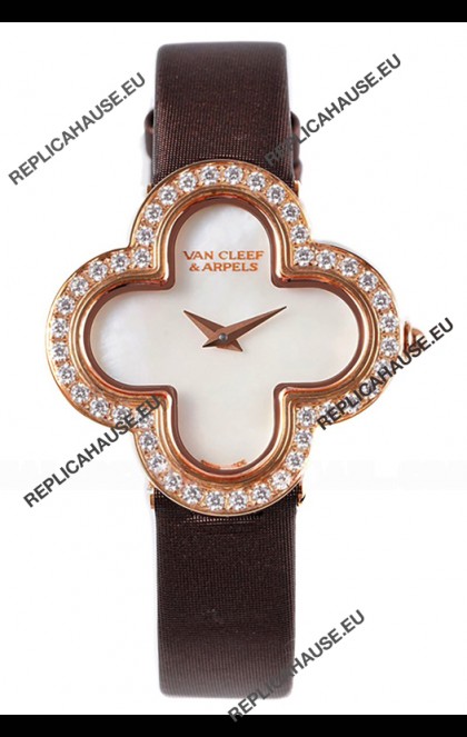 Van Cleef & Arpels Alhambra Rose Gold Diamonds Bezel Black Strap Watch 