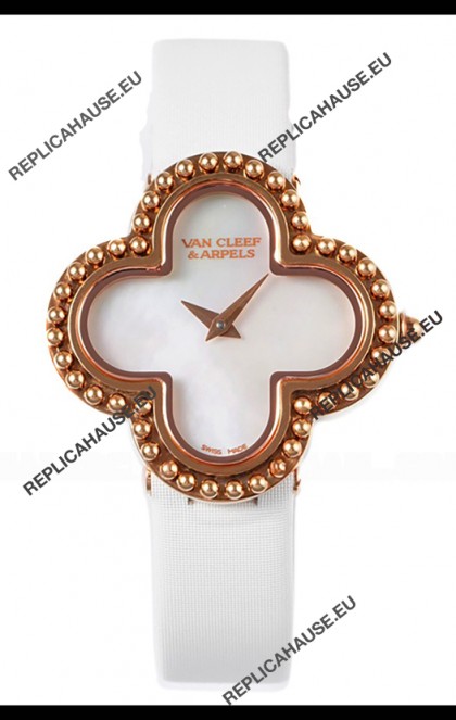 Van Cleef & Arpels Alhambra Rose Gold White Strap Watch 