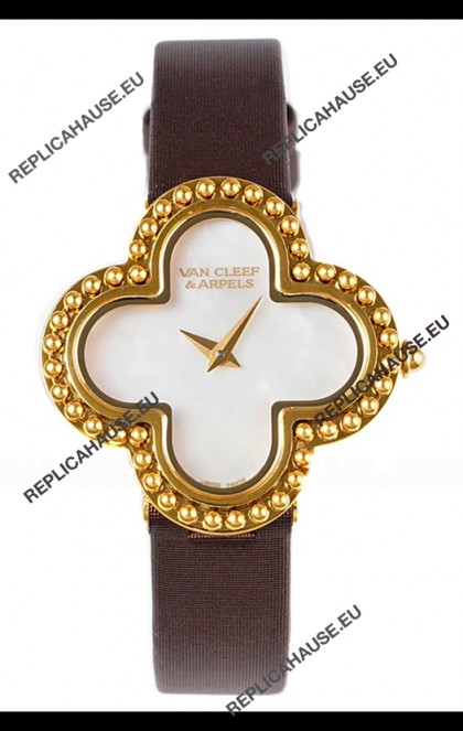 Van Cleef & Arpels Alhambra Yellow Gold Brown Strap Watch 