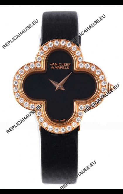 Van Cleef & Arpels Alhambra Rose Gold Diamonds Bezel Black Strap Watch 