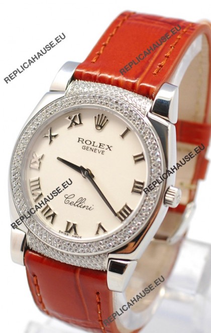 Rolex Cellini Cestello Ladies Swiss Watch Roman White Face Diamonds Bezel and Lugs