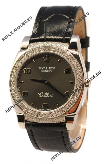 Rolex Cellini Cestello Ladies Swiss Watch in Matte Black Face Diamonds Bezel and Lugs