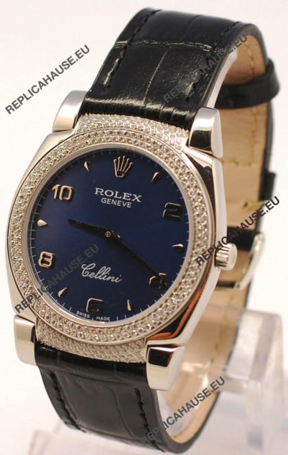Rolex Cellini Cestello Ladies Swiss Watch in Dark Blue Face Diamonds Bezel and Lugs