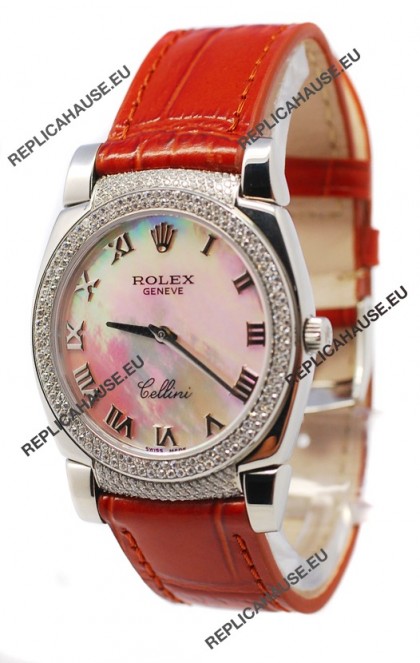 Rolex Cellini Cestello Ladies Swiss Watch White Pearl Roman Face Diamonds Bezel and Lugs