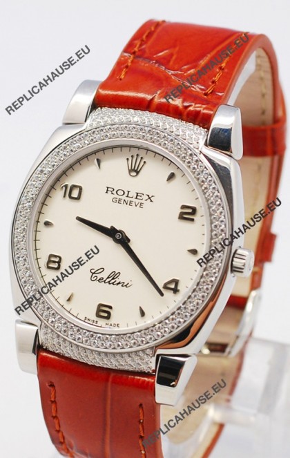 Rolex Cellini Cestello Ladies Swiss Watch in White Face Bezel and Lugs