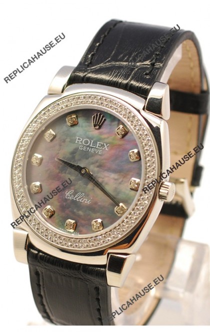 Rolex Cellini Cestello Ladies Swiss Watch in Black Pearl Face Diamonds Markers