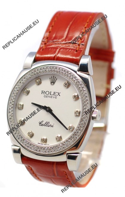 Rolex Cellini Cestello Ladies Swiss Watch White Face Diamonds Bezel and Hour Markers