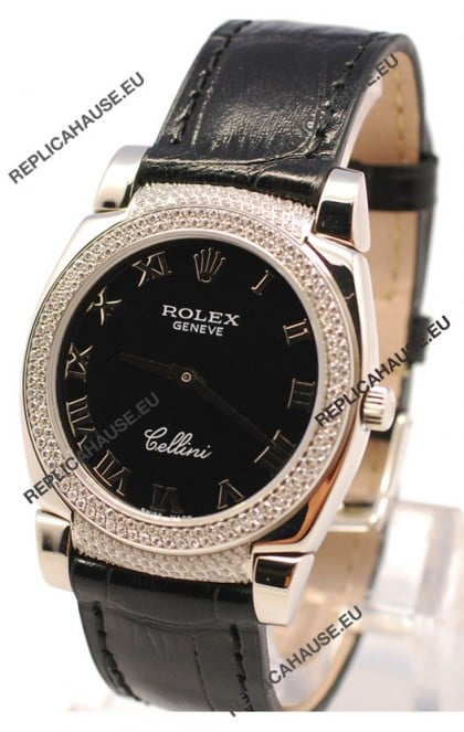 Rolex Cellini Cestello Ladies Swiss Watch in Black Face Roman Markers