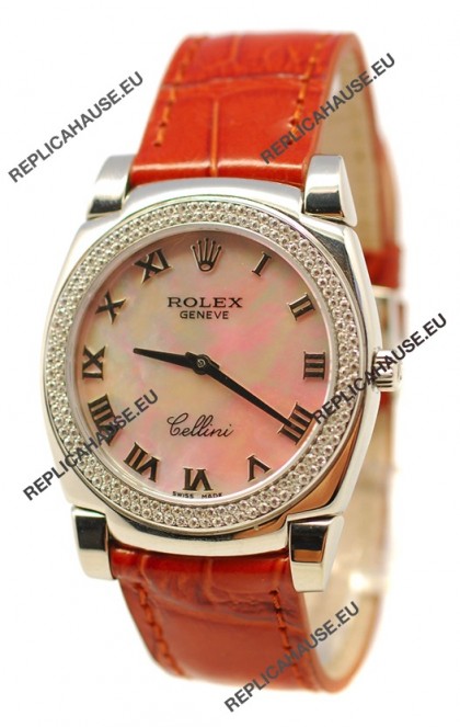 Rolex Cellini Cestello Ladies Swiss Watch Beige Pearl Roman Face Diamonds Bezel
