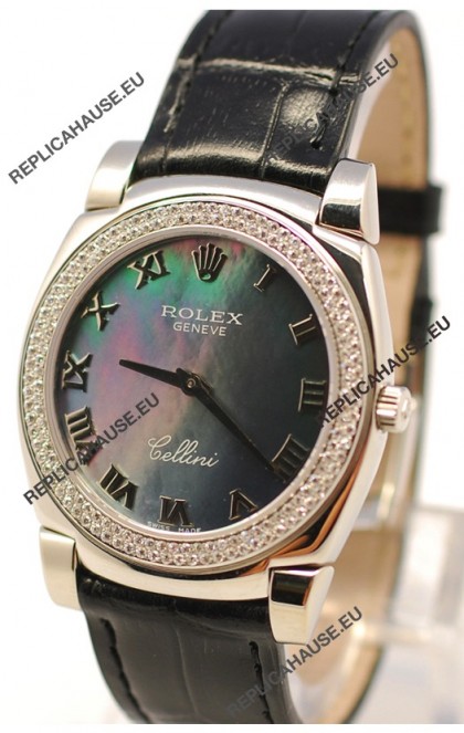 Rolex Cellini Cestello Ladies Swiss Watch in Black Pearl Face Roman Markers