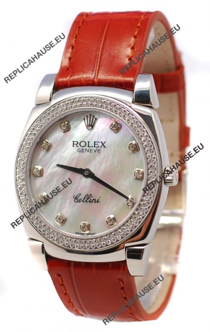 Rolex Cellini Cestello Ladies Swiss Watch in White Pearl Face Diamonds Bezel and Hours Markers