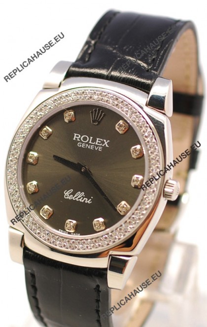 Rolex Cellini Cestello Ladies Swiss Watch in Matte Black Face and Diamond Markers