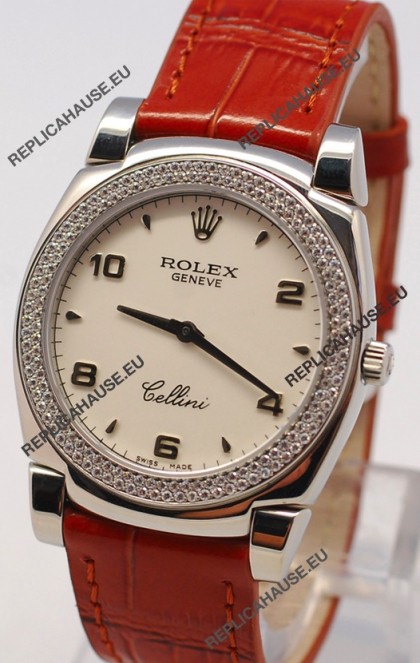 Rolex Cellini Cestello Ladies Swiss Watch in White Face Diamonds Bezel