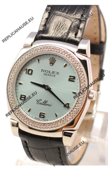 Rolex Cellini Cestello Ladies Swiss Watch in Blue Face Black Leather Strap Diamonds Bezel 