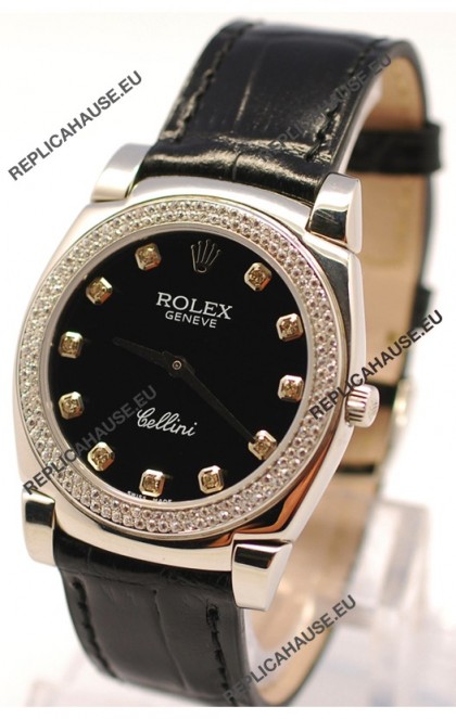 Rolex Cellini Cestello Ladies Swiss Watch in Black Face and Diamond Markers