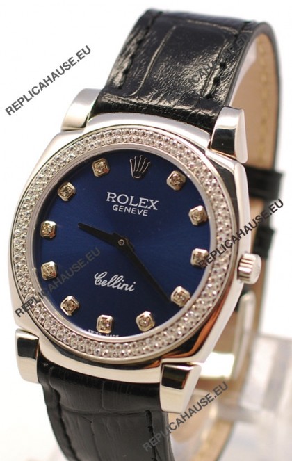 Rolex Cellini Cestello Ladies Swiss Watch in Dark Blue Face and Diamond Bezel