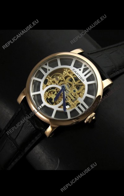 Cartier Ronde de Japanese Replica Watch in Skeleton Yellow Gold Dial