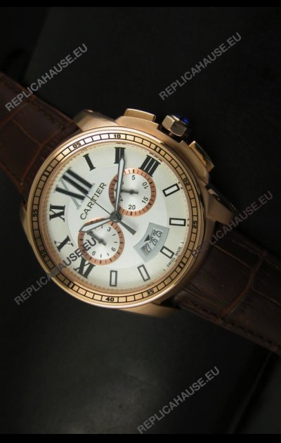 Calibre De Cartier Chronograph Japanese Replica Watch in Pink Gold