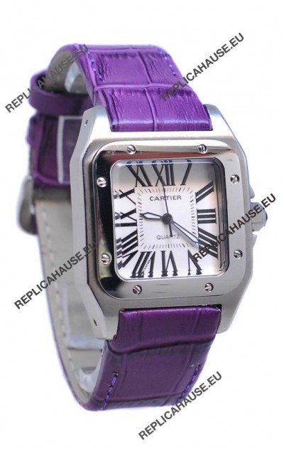 Cartier Santos 100 Japanese Ladies Replica Watch in Purple Strap