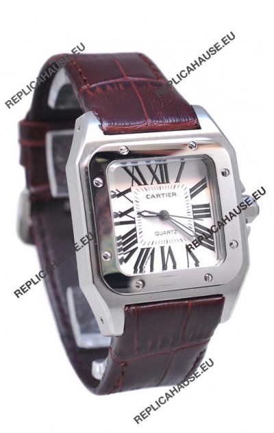 Cartier Santos 100 Japanese Ladies Replica Watch in Brown Strap