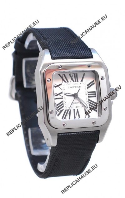Cartier Santos 100 Japanese Ladies Replica Watch in Black Satin Strap