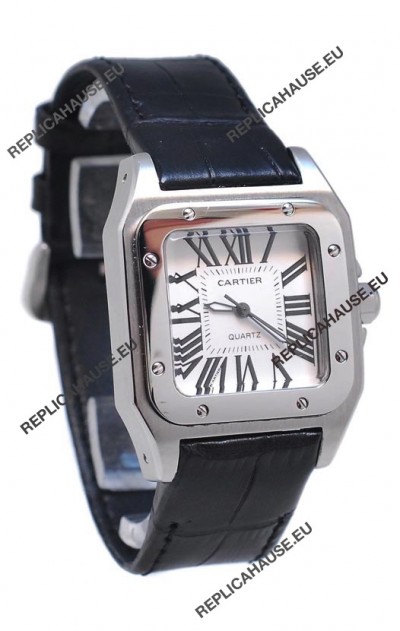 Cartier Santos 100 Japanese Ladies Replica Watch in Black Leather Strap