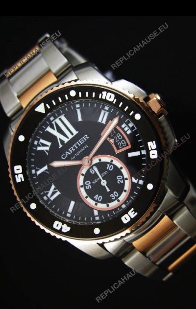 Calibre De Cartier Watch 42MM Black Dial Two Tone Case - 1:1 Mirror Replica Watch