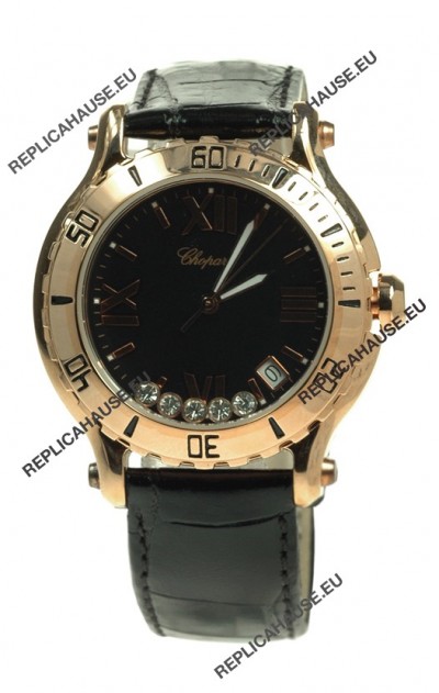 Chopard Happy Sport Diamonds Edition Replica Gold Watch in Black Strap