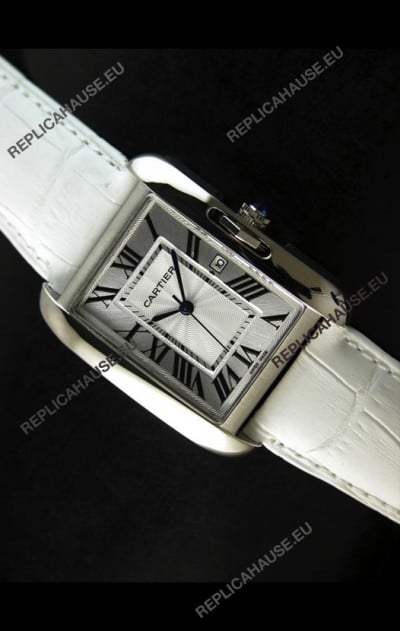 Cartier Tank Ladies Replica Watch in Steel Case/White Strap