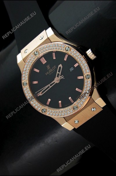 Hublot Fusion Bang Swiss Watch in Rose Gold Case Diamonds Bezel