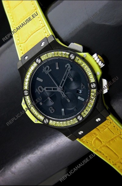 Hublot Big Bang All Black Edition in Lemon Strap and Baguette Diamonds Bezel