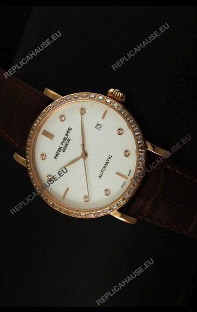 Patek Philippe Calatrava 5298 Swiss Replica Watch in Pink Gold Casing - Diamonds Hours
