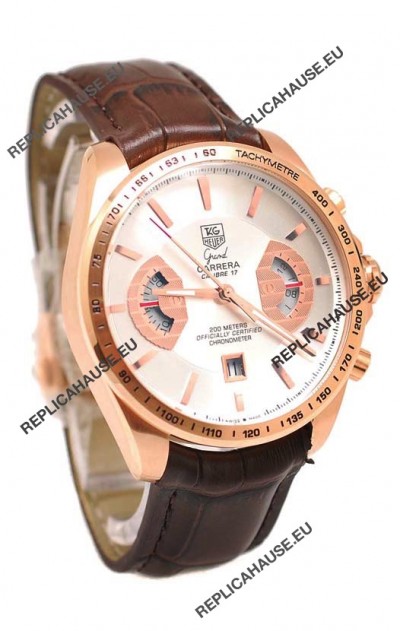 Tag Heuer Grand Carrera Japanese Replica Gold Watch in White Dial