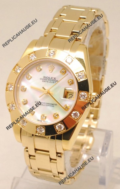 Rolex Datejust Pearlmaster Japanese Replica Gold Watch in White Pearl Dial -34MM