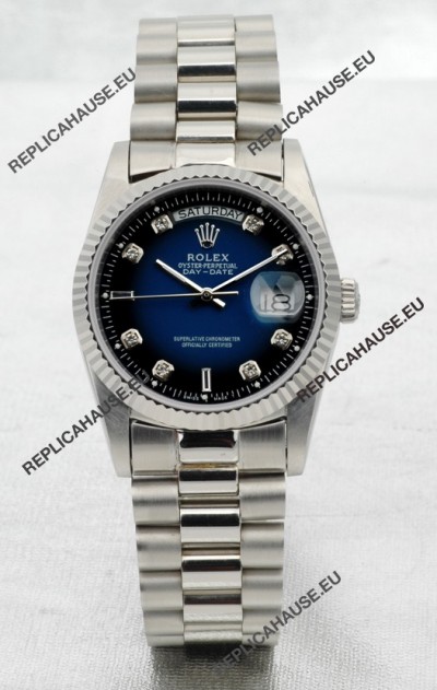 Rolex Day Date Silver Japanese Replica Watch in Blue Dial