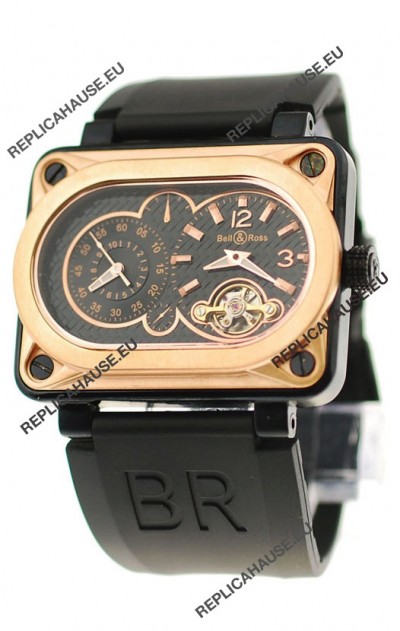 Bell and Ross BR Minuteur Tourbillon Japanese Replica Gold Watch in Black Dial